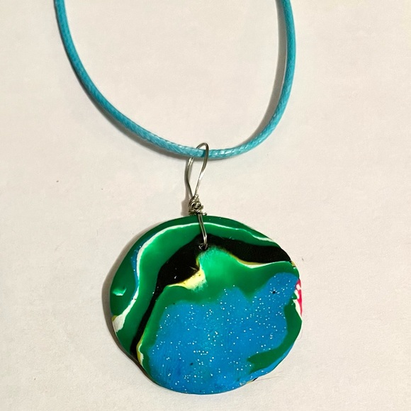 Handmade Reversible Clay Necklace Green Pink Blue Yellow Unique Handcrafted - Picture 2 of 8